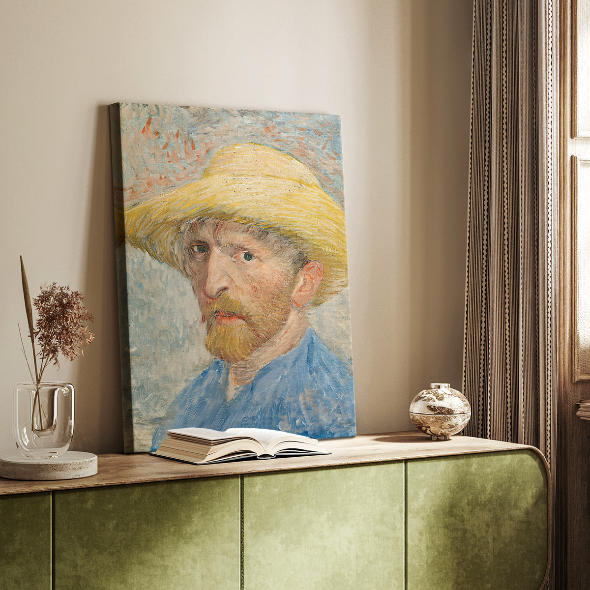 Canvas art print of a vivid figure with bold strokes and warm tones styled in a home decor setting.