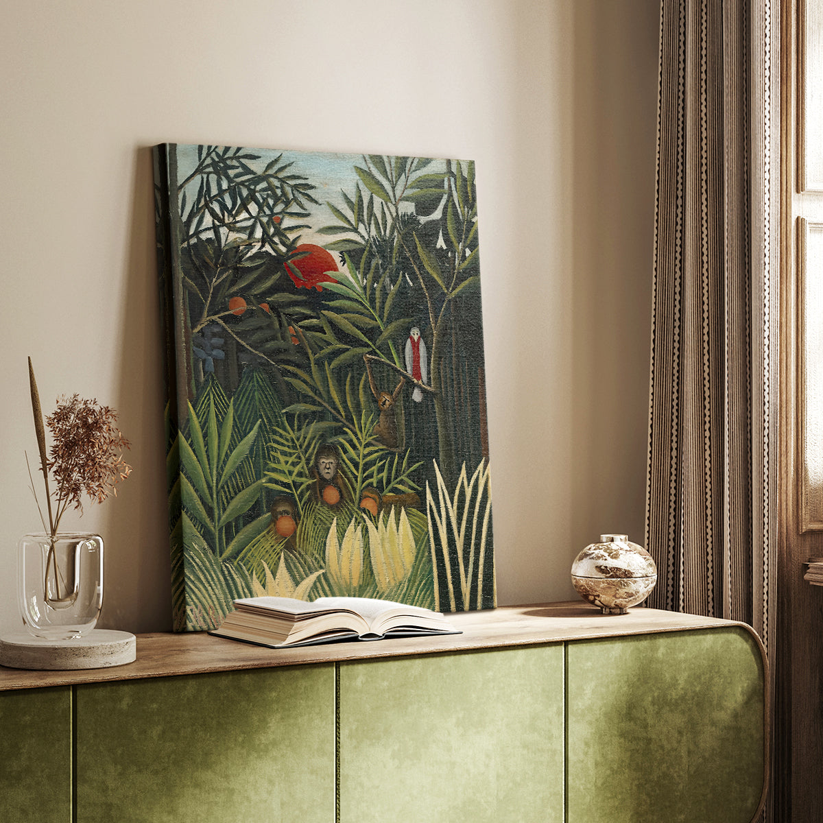 Canvas art print of a lush forest filled with animals and layered green foliage styled in a home decor setting.
