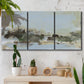 Three-panel canvas wall art featuring minimal abstract summer landscape, displayed in a boho-chic entryway above a console table.