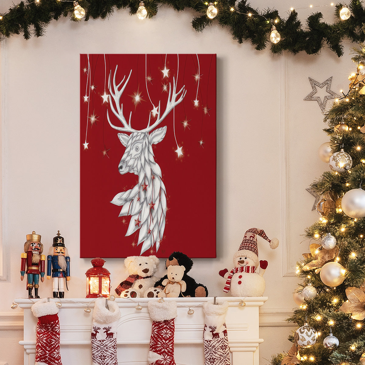 White Deer and Hanging Stars - Gallery Wrapped Canvas