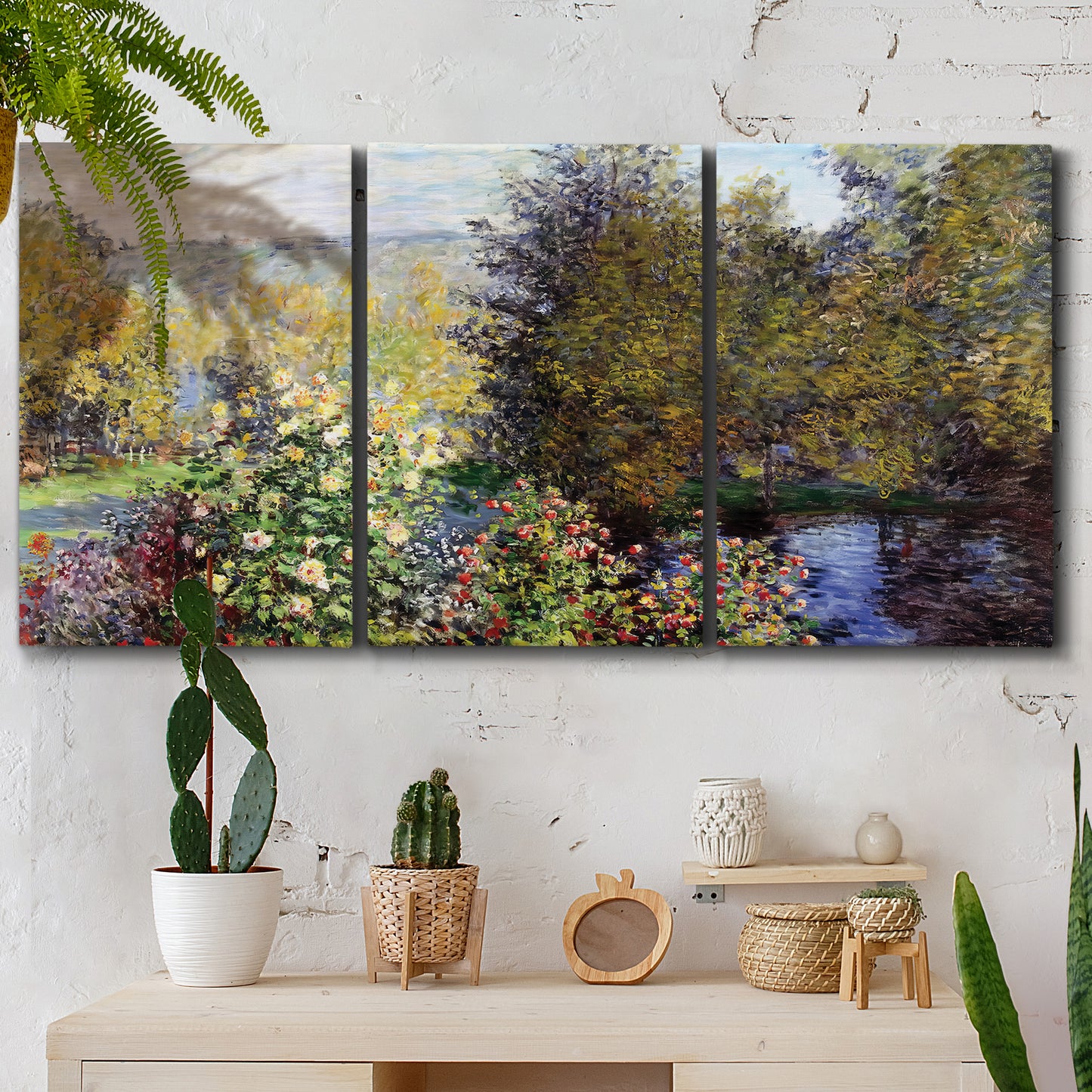 Three-panel canvas wall art featuring garden corner with flowering trees, displayed in a boho-chic entryway above a console table.