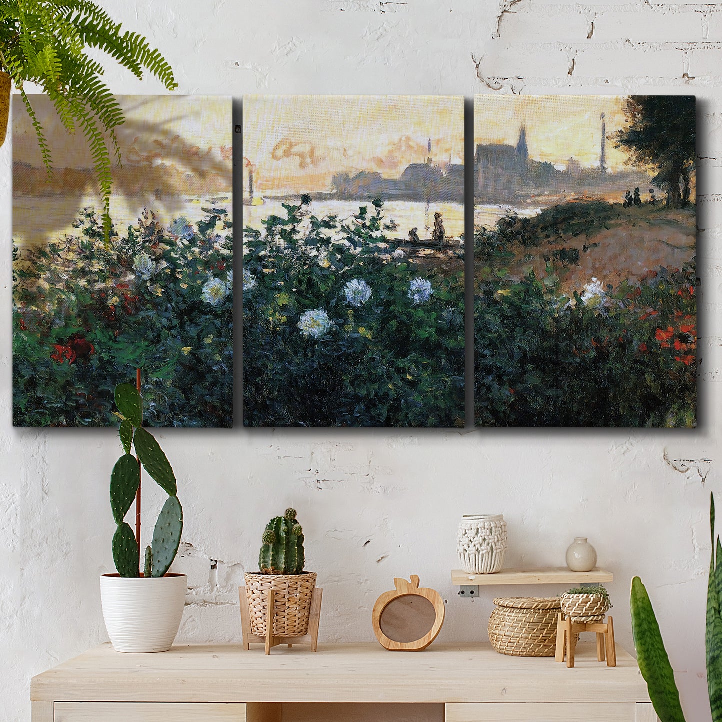 Three-panel canvas wall art featuring formal garden near museum grounds, displayed in a boho-chic entryway above a console table.