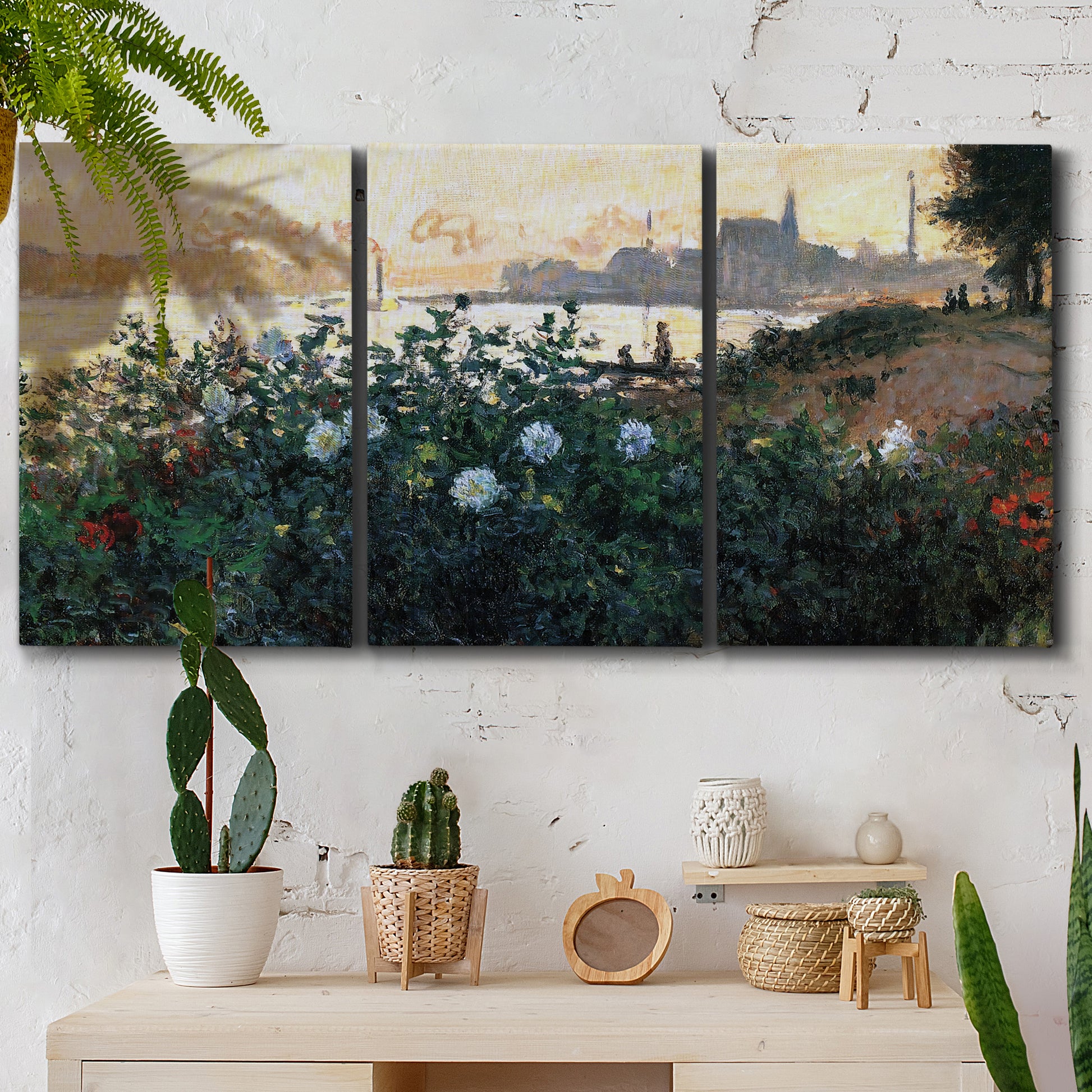 Three-panel canvas wall art featuring formal garden near museum grounds, displayed in a boho-chic entryway above a console table.