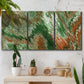 Three-panel canvas wall art featuring modern abstract layered pattern, displayed in a boho-chic entryway above a console table.