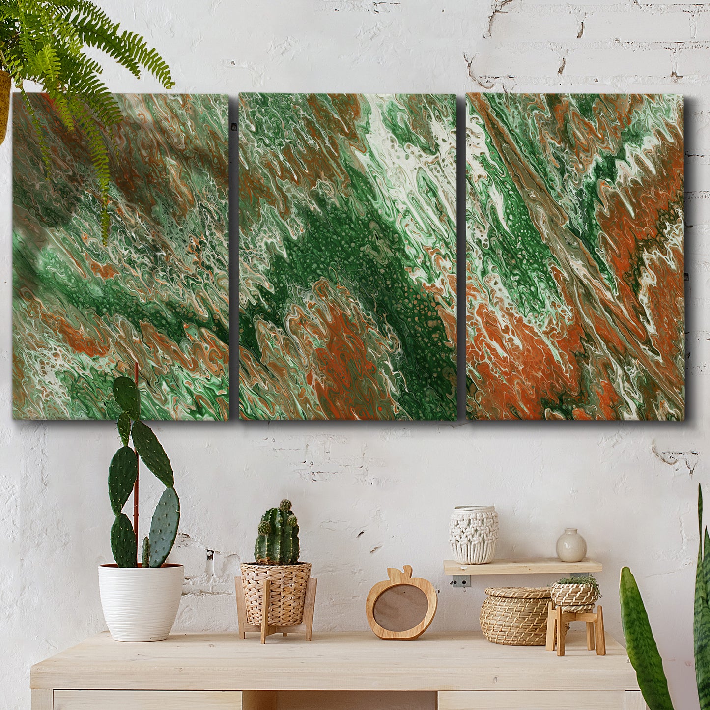 Three-panel canvas wall art featuring modern abstract layered pattern, displayed in a boho-chic entryway above a console table.