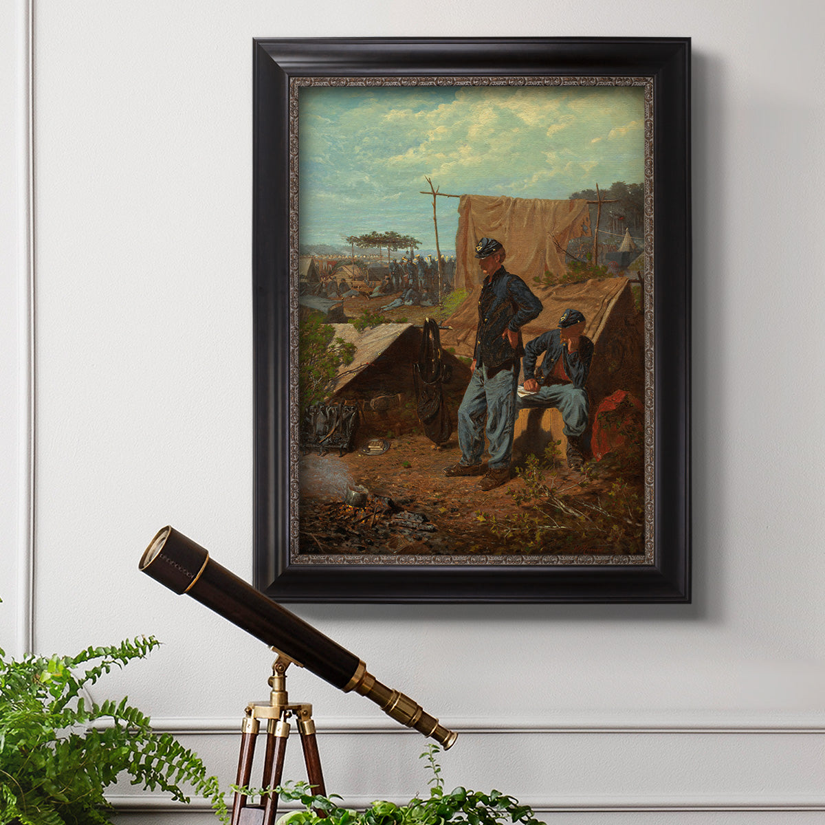 American genre scene of domestic life by Winslow Homer in an ornate black frame with gilded inner detail displayed in a light-toned interior setting.