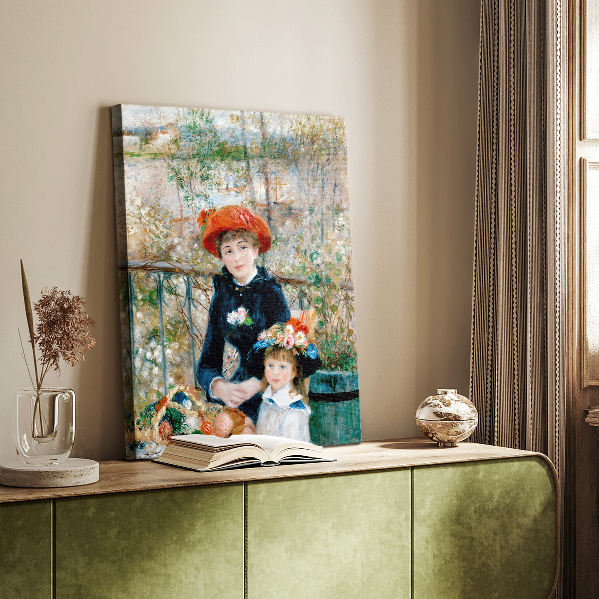 Canvas art print of a charming scene of two figures in a sunlit outdoor setting styled in a home decor setting.
