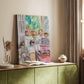 Canvas art print of a stylized room with figures and bold decorative elements styled in a home decor setting.