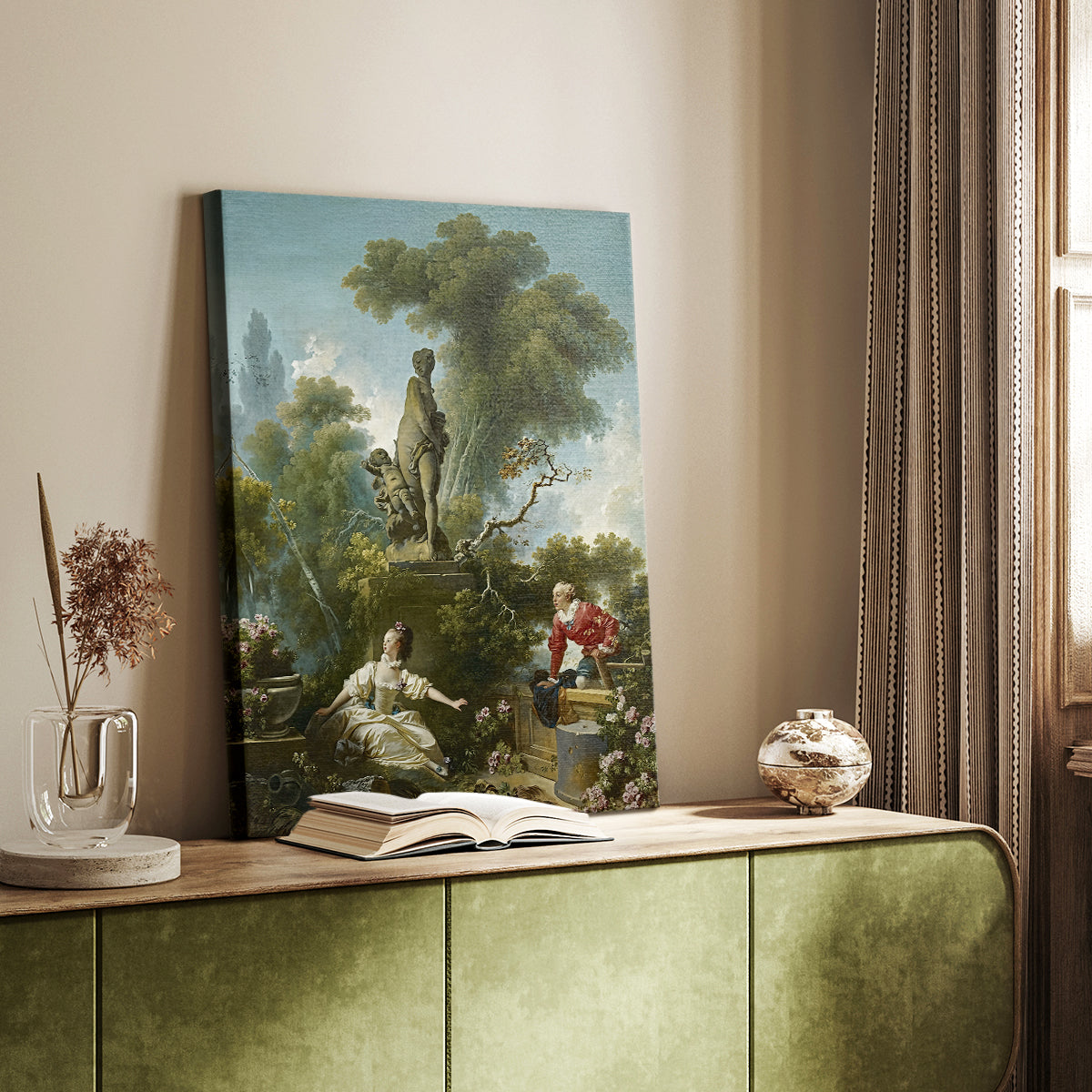 Canvas art print of a Romantic composition with soft foliage and elegant figures styled in a home decor setting.