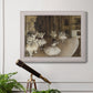Impressionist ballet rehearsal scene by Edgar Degas in an ornate weathered white frame displayed in a light-toned interior setting.