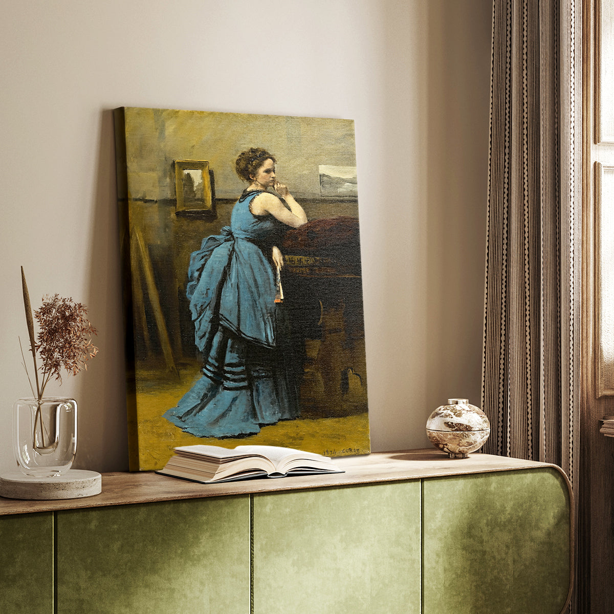 Canvas art print of a refined female figure with gentle tones and calm expression styled in a home decor setting.