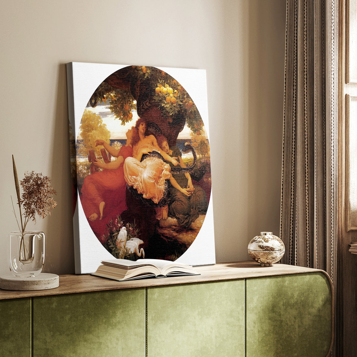 Canvas art print of a mythological composition with figures among foliage styled in a home decor setting.