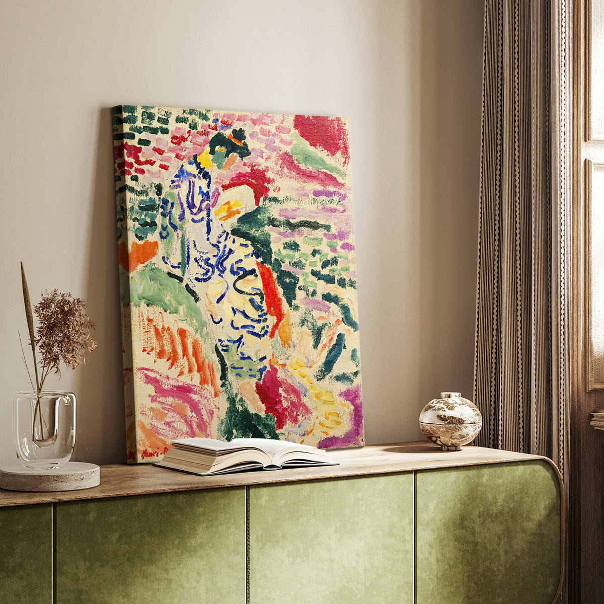Canvas art print of a stylized figure with natural setting and vivid tones styled in a home decor setting.