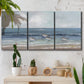 Three-panel canvas wall art featuring shore birds searching along beach, displayed in a boho-chic entryway above a console table.