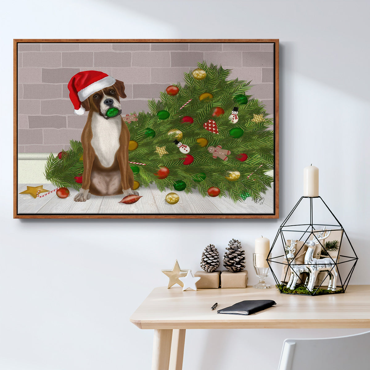 Christmas Boxer and Broken Christmas Tree - Framed Gallery Wrapped Canvas in Floating Frame