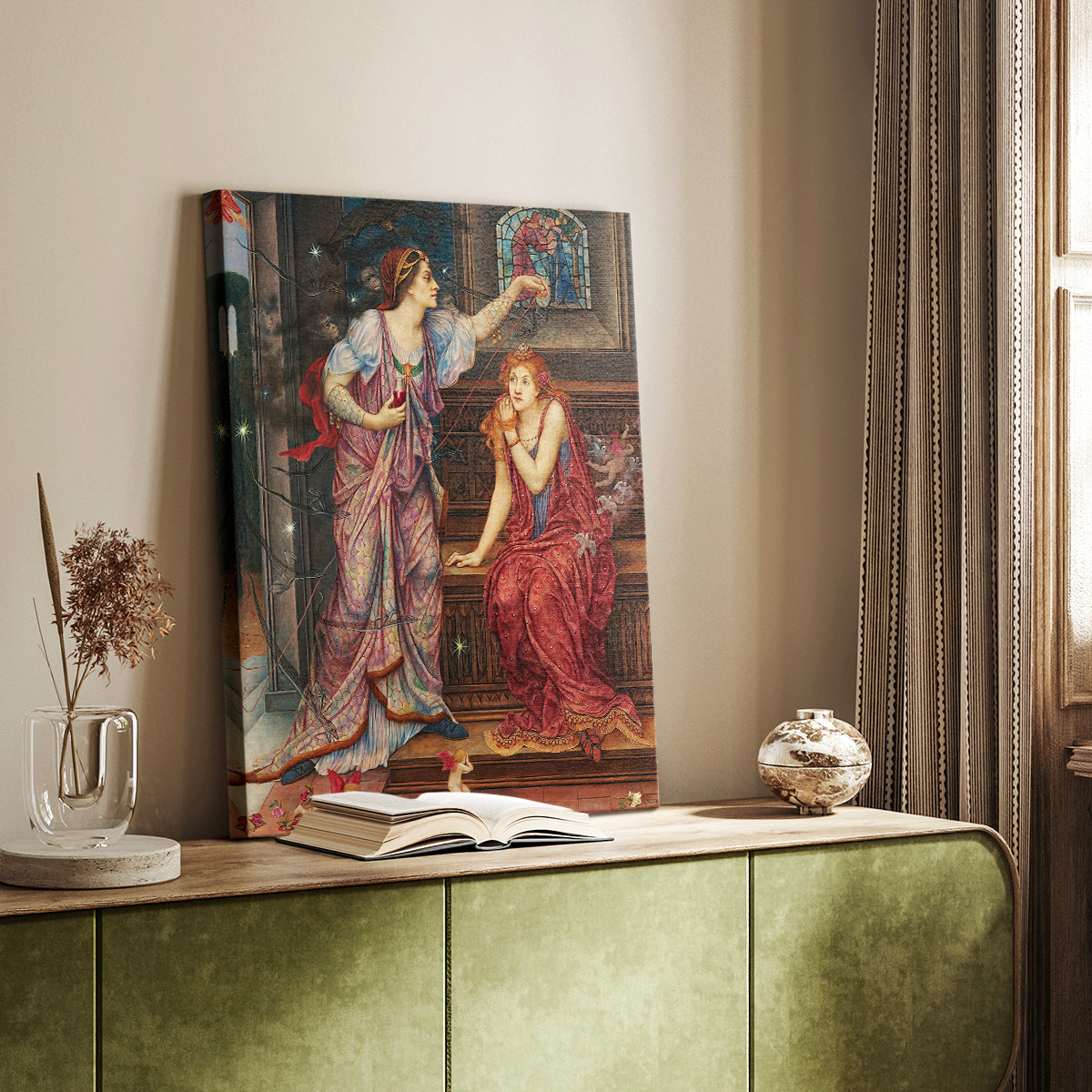 Canvas art print of a narrative composition with figures in ornate historical dress styled in a home decor setting.