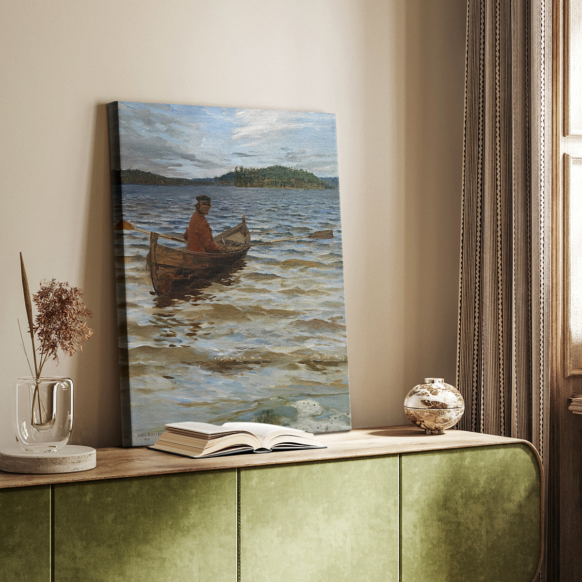 Canvas art print of a tranquil seascape with a lone figure rowing across still water styled in a home decor setting.