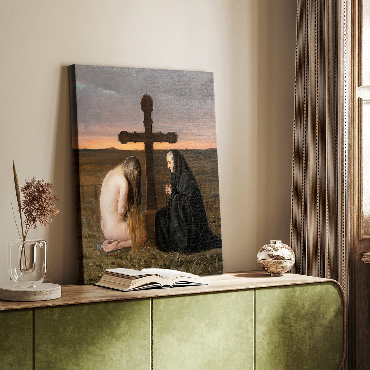 Canvas art print of a solemn figure standing near a cross in a dimly lit room styled in a home decor setting.