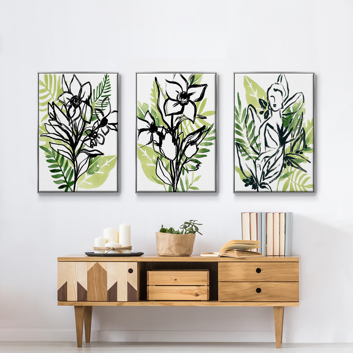 Tropical Sketchbook I - Framed Premium Gallery Wrapped Canvas L Frame 3 Piece Set - Ready to Hang