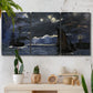 Three-panel canvas wall art featuring dark seascape under night sky, displayed in a boho-chic entryway above a console table.