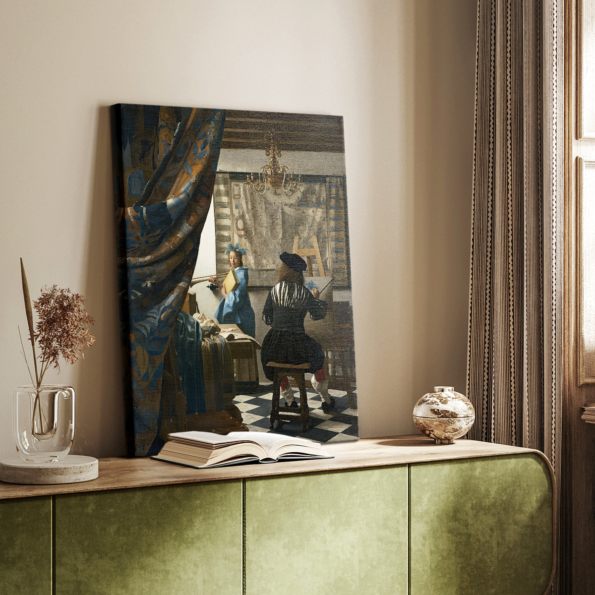Canvas art print of a detailed studio scene with figures and rich textures styled in a home decor setting.