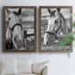 Set of two walnut barnwood framed canvas prints depicting bridled faces, wooden rails, and softly blurred farm backgrounds arranged across two complementary compositions above a sofa in a bright living space.