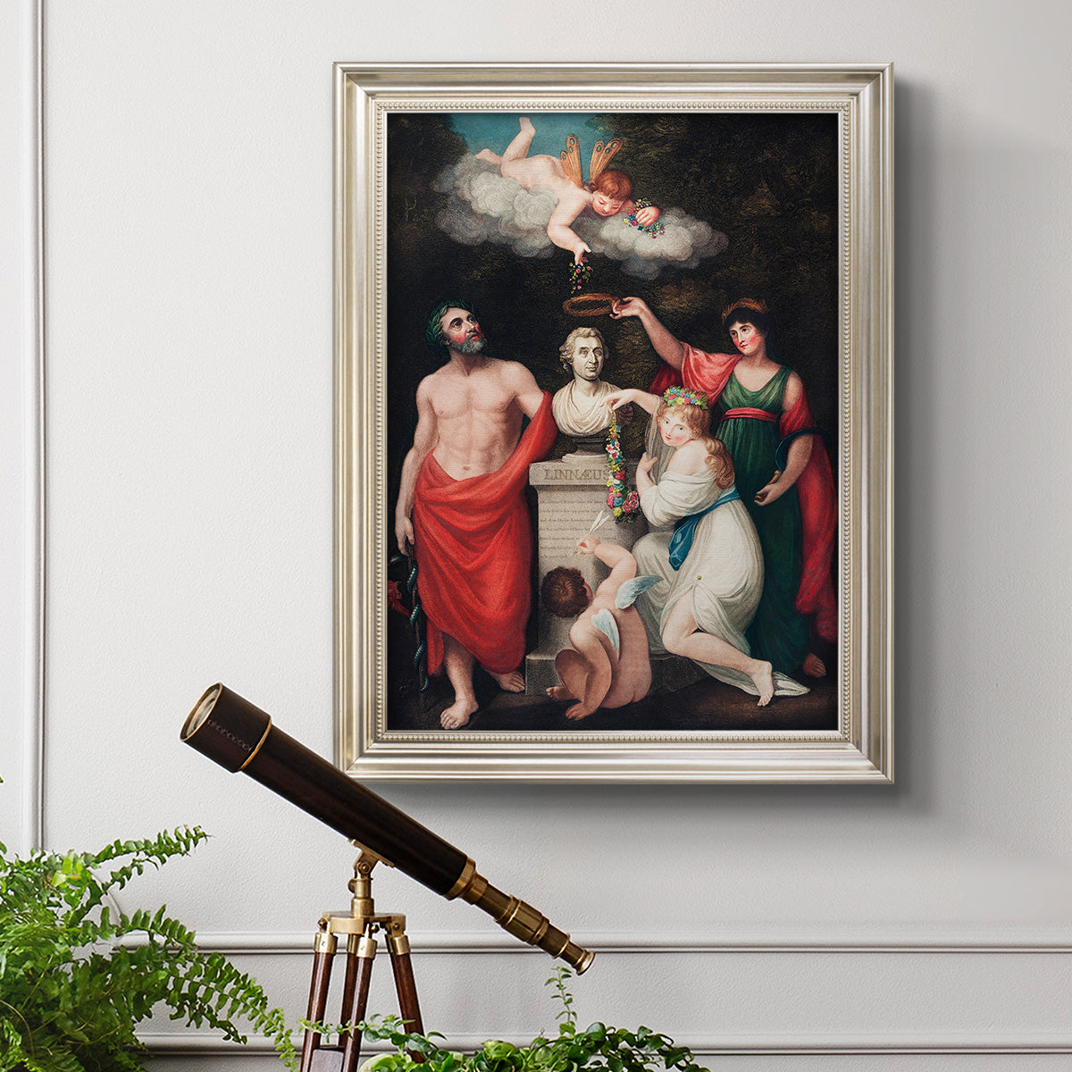 Classical allegorical painting honoring Linnaeus by Robert John Thornton in an ornate champagne frame displayed in a light-toned interior setting.