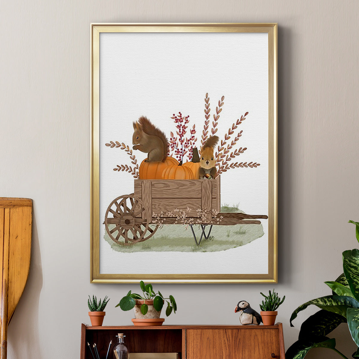 Squirrels In Pumpkin Wheelbarrow - Modern Framed Canvas Print