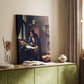 Canvas art print of a scholarly figure with objects and soft illumination styled in a home decor setting.
