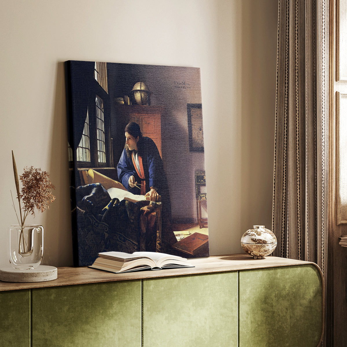 Canvas art print of a scholarly figure with objects and soft illumination styled in a home decor setting.