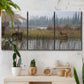 Three-panel canvas wall art featuring wildlife walking through open field, displayed in a boho-chic entryway above a console table.
