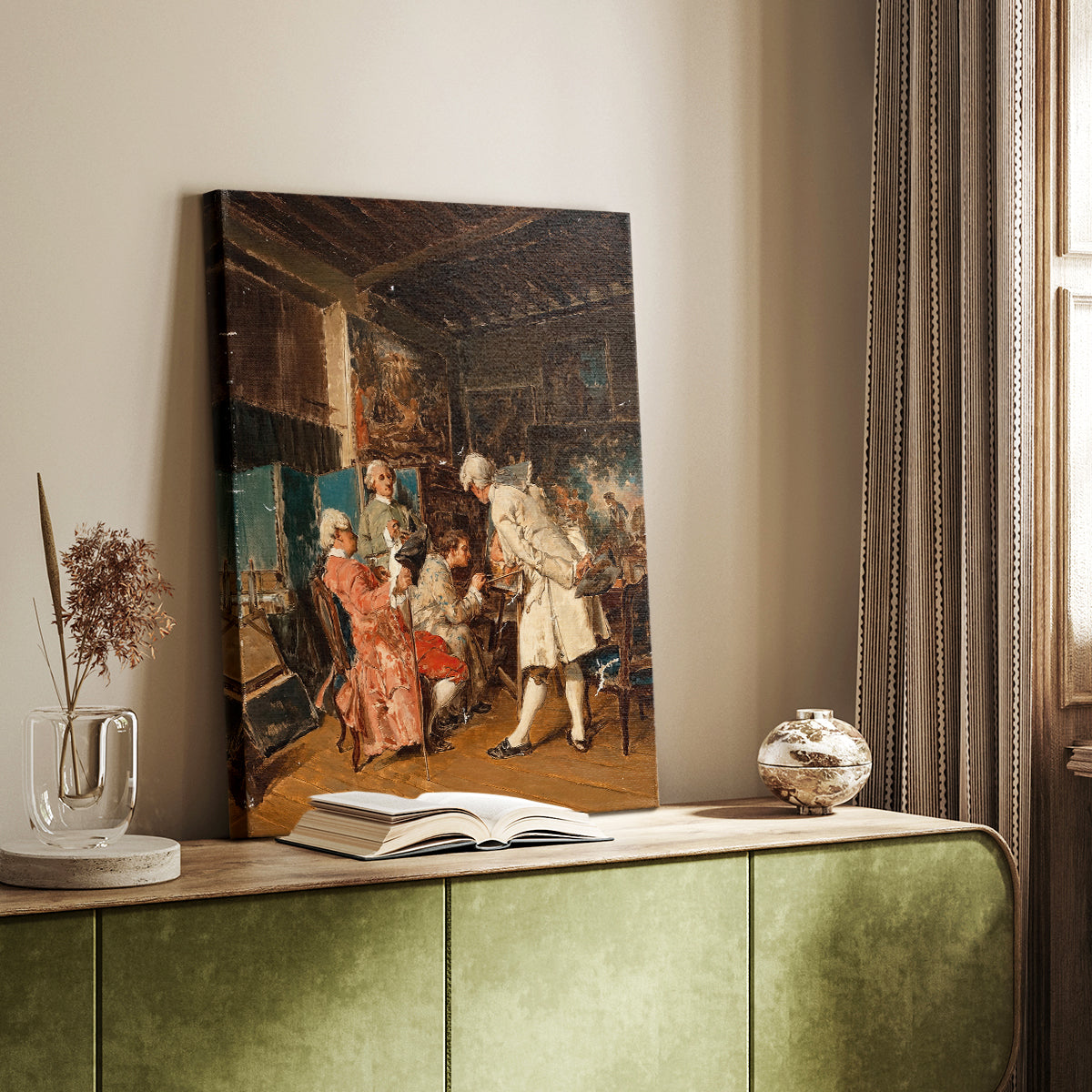 Canvas art print of a group gathered around artworks in a softly lit room styled in a home decor setting.