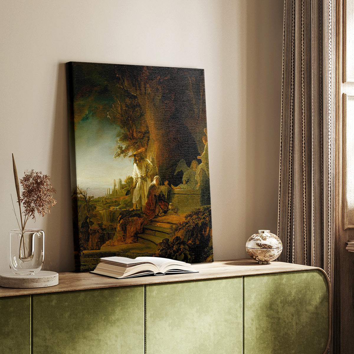 Canvas art print of a quiet religious composition with figures and soft contrast styled in a home decor setting.