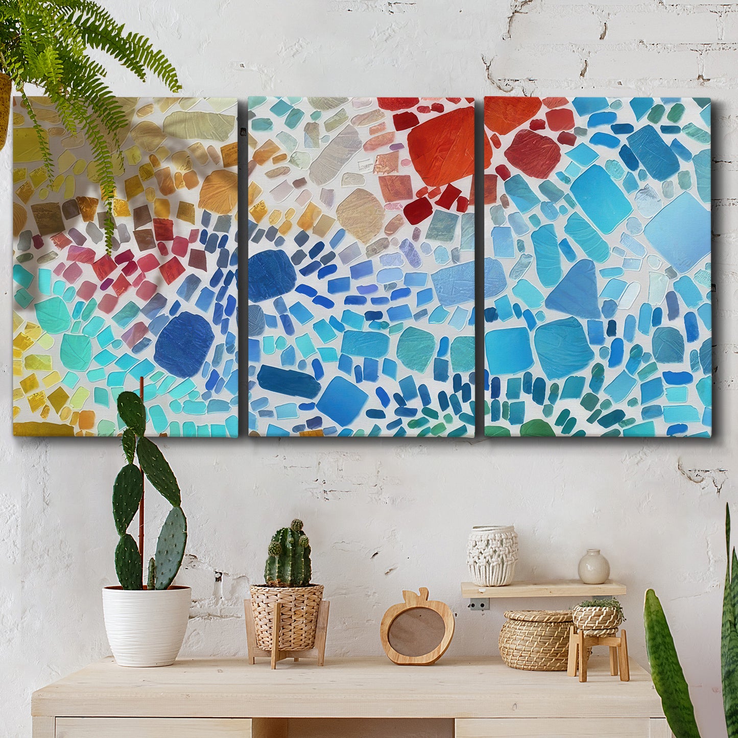 Three-panel canvas wall art featuring open landscape with landing strip, displayed in a boho-chic entryway above a console table.