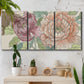 Three-panel canvas wall art featuring pastel peony flower composition, displayed in a boho-chic entryway above a console table.