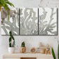 Three-panel canvas wall art featuring monochrome coral texture study, displayed in a boho-chic entryway above a console table.