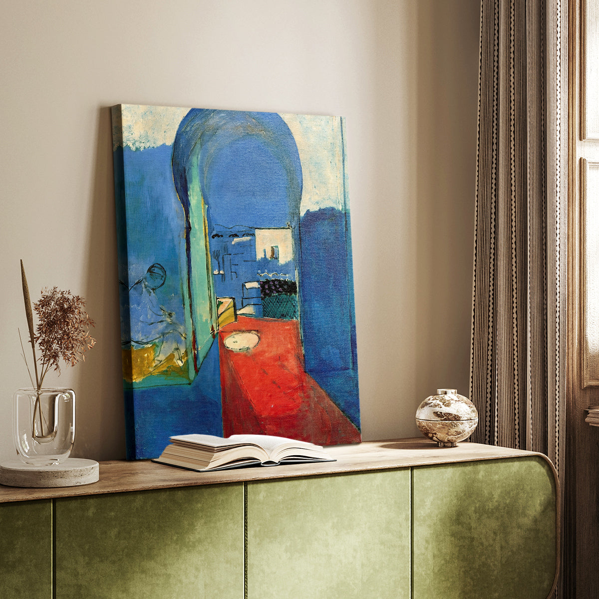Canvas art print of a stylized building entrance with vivid tones and clean lines styled in a home decor setting.