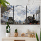 Three-panel canvas wall art featuring playful peach toned floral composition, displayed in a boho-chic entryway above a console table.