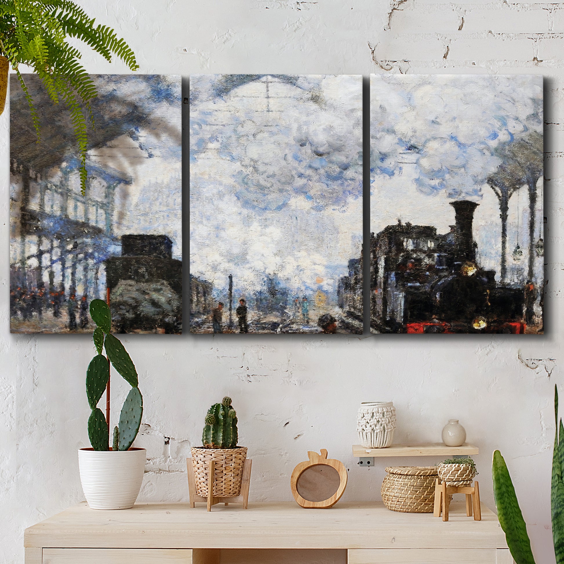 Three-panel canvas wall art featuring playful peach toned floral composition, displayed in a boho-chic entryway above a console table.