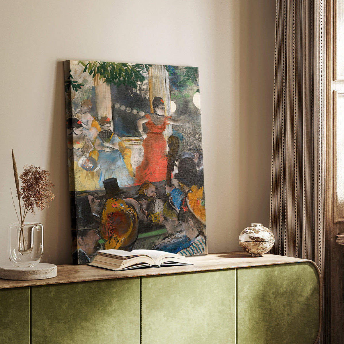 Canvas art print of a nightlife scene with figures under artificial lighting styled in a home decor setting.