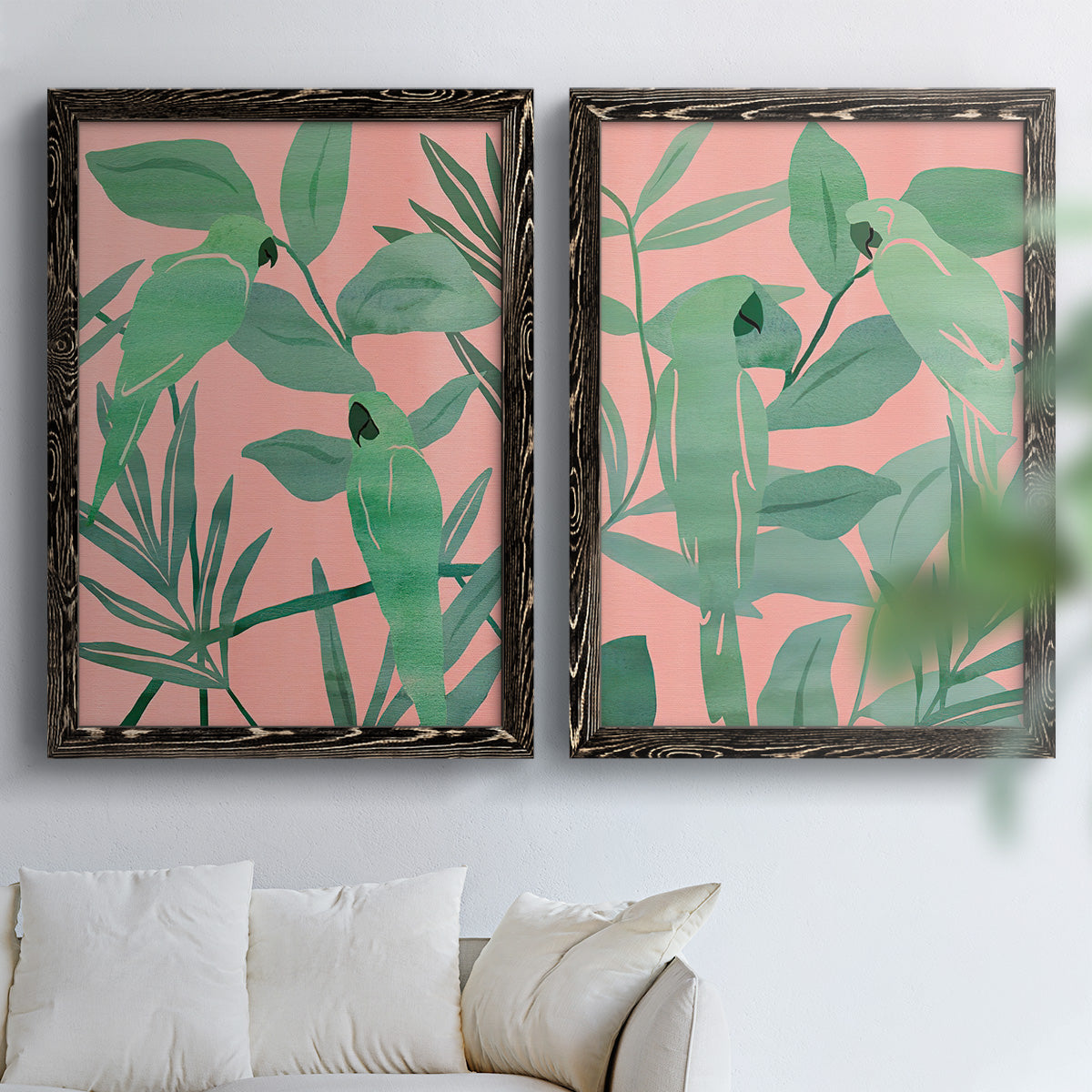 Pink and Green Birds of Paradise I - Premium Framed Canvas 2 Piece Set - Ready to Hang