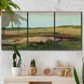 Three-panel canvas wall art featuring pastoral landscape with winding road, displayed in a boho-chic entryway above a console table.