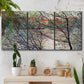 Three-panel canvas wall art featuring riverside park with figures and trees, displayed in a boho-chic entryway above a console table.