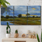 Three-panel canvas wall art featuring riverside walking path through greenery, displayed in a boho-chic entryway above a console table.