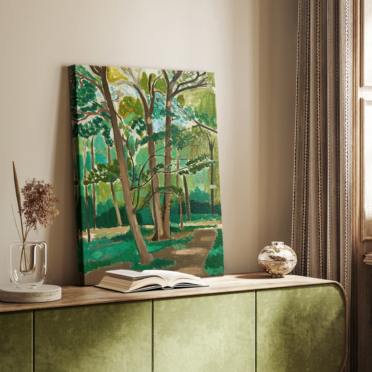 Canvas art print of a stylized outdoor scene with bold color and simple forms styled in a home decor setting.