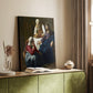 Canvas art print of a religious composition with calm figures and gentle tones styled in a home decor setting.