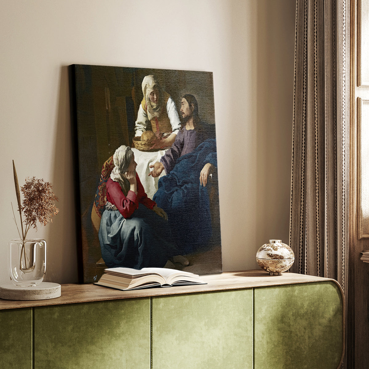 Canvas art print of a religious composition with calm figures and gentle tones styled in a home decor setting.