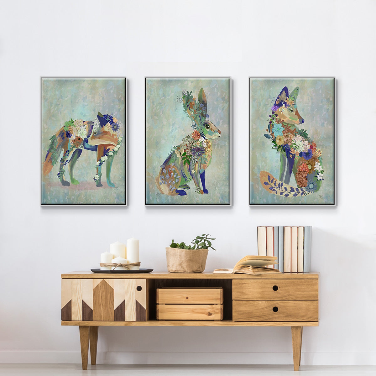 Fantastic Florals Fox, Sitting - Framed Premium Gallery Wrapped Canvas L Frame 3 Piece Set - Ready to Hang