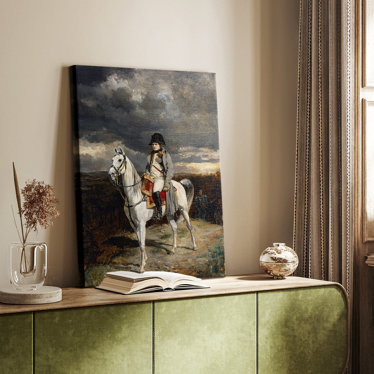 Canvas art print of a solitary rider in a cold, subdued outdoor setting styled in a home decor setting.