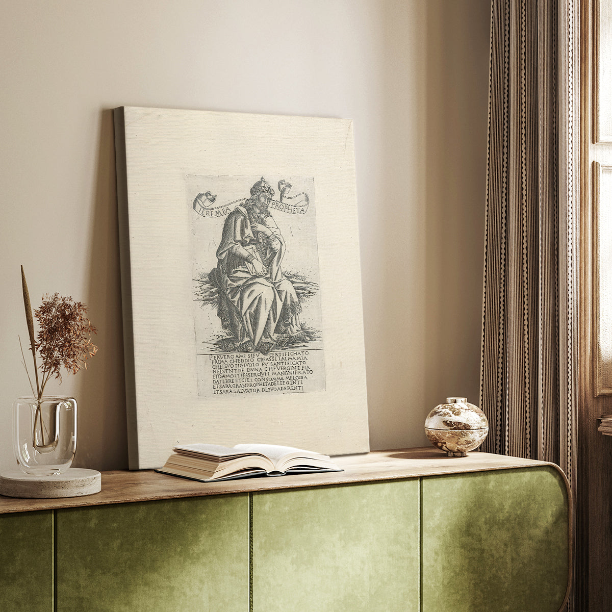 Canvas art print of a classical figure with expressive posture and etched texture styled in a home decor setting.
